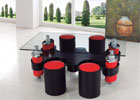 Stool Clear Glass Coffee Table with Black Stools and Red Seats